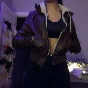 cropped leather bomber jacket with hood
